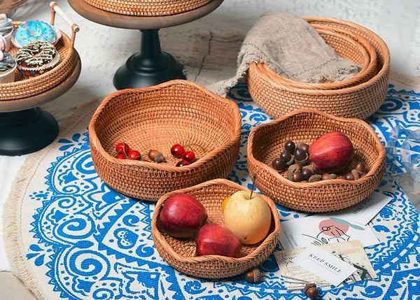 Woven Round Storage Basket, Rattan Storage Basket, Fruit Basket, Storage Baskets for Kitchen-artworkcanvas