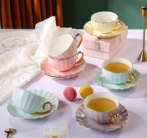 Beautiful British Tea Cups, Creative Bone China Porcelain Tea Cup Set, Elegant Macaroon Ceramic Coffee Cups, Unique Tea Cups and Saucers in Gift Box as Birthday Gift-artworkcanvas