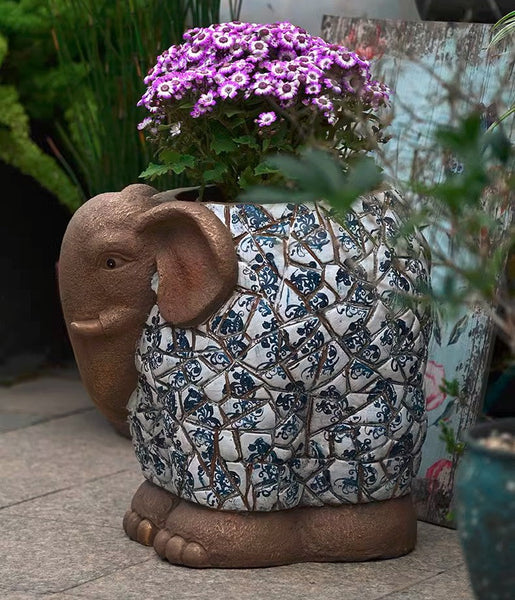 Large Garden Flower Pot, Elephant Flowerpot, Unique Garden Flowerpot, Resin Statue for Garden, Modern Animal Statue for Garden Ornaments, Villa Outdoor Decor Gardening Ideas-artworkcanvas