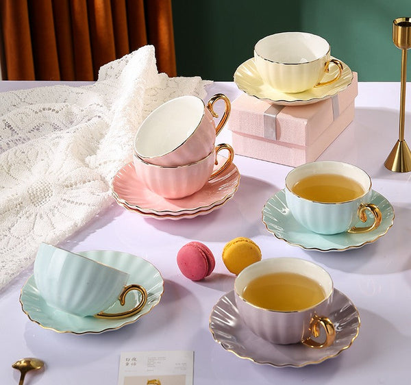 Unique Tea Cups and Saucers in Gift Box as Birthday Gift, Elegant Macaroon Ceramic Coffee Cups, Beautiful British Tea Cups, Creative Bone China Porcelain Tea Cup Set-artworkcanvas