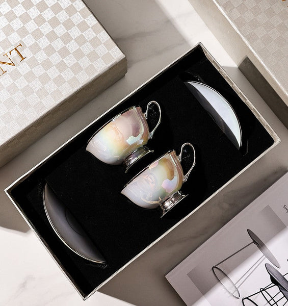 Silver Bone China Porcelain Tea Cup Set, Elegant Ceramic Coffee Cups, Beautiful British Tea Cups, Tea Cups and Saucers in Gift Box as Birthday Gift-artworkcanvas