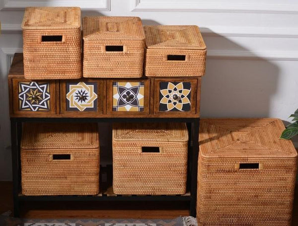 Kitchen Storage Baskets, Rectangular Storage Basket with Lid, Rattan Storage Baskets for Clothes, Storage Baskets for Living Room-artworkcanvas