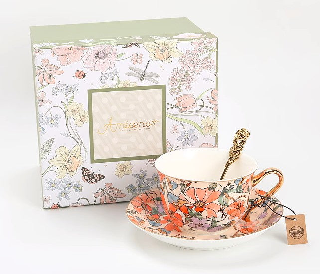 Elegant Ceramic Coffee Cups, Flower Bone China Porcelain Tea Cup Set, British Royal Ceramic Cups for Afternoon Tea, Unique Tea Cup and Saucer in Gift Box-artworkcanvas