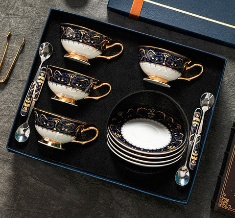 Unique Blue Tea Cup and Saucer in Gift Box, Blue Bone China Porcelain Tea Cup Set, Royal Ceramic Cups, Elegant Ceramic Coffee Cups-artworkcanvas