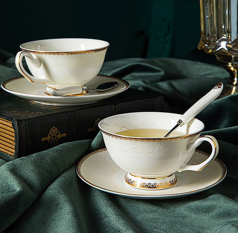 Bone China Porcelain Coffee Cup Set, White Ceramic Cups, Elegant British Ceramic Coffee Cups, Unique Tea Cup and Saucer in Gift Box-artworkcanvas