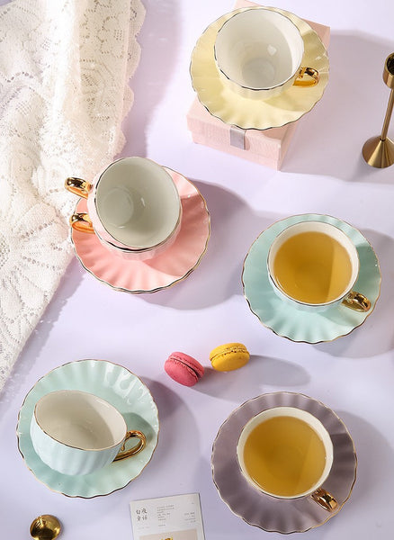 Unique Tea Cups and Saucers in Gift Box as Birthday Gift, Elegant Macaroon Ceramic Coffee Cups, Beautiful British Tea Cups, Creative Bone China Porcelain Tea Cup Set-artworkcanvas