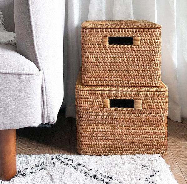 Rattan Storage Basket for Shelves, Rectangular Storage Basket with Lid, Extra Large Storage Baskets for Bedroom, Storage Baskets for Clothes-artworkcanvas