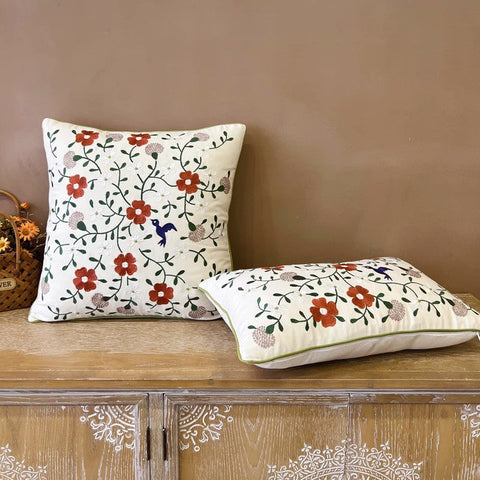 Bird Spring Flower Decorative Throw Pillows, Farmhouse Sofa Decorative Pillows, Embroider Flower Cotton Pillow Covers, Flower Decorative Throw Pillows for Couch-artworkcanvas