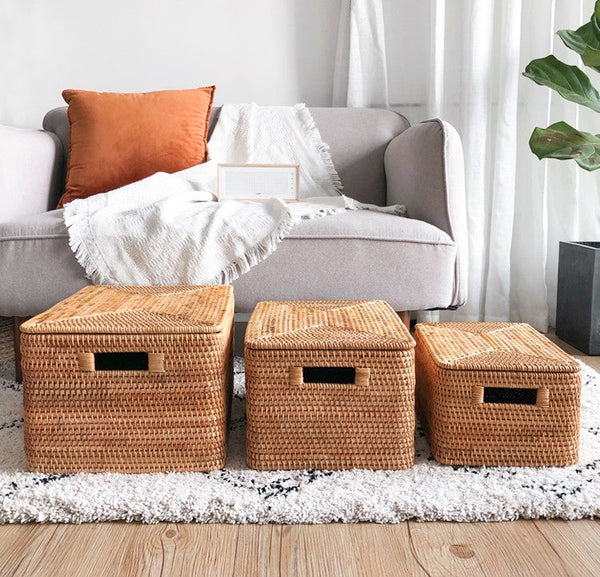 Rectangular Storage Basket with Lid, Woven Rattan Storage Basket for Shelves, Storage Baskets for Bedroom, Pantry Storage Baskets-artworkcanvas