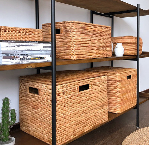 Large Rectangular Storage Basket with Lid, Rattan Storage Case, Storage Baskets for Bedroom, Rectangular Woven Storage Baskets for Clothes-artworkcanvas
