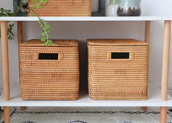 Rectangular Storage Basket with Lid, Woven Rattan Storage Basket for Shelves, Storage Baskets for Bedroom, Pantry Storage Baskets-artworkcanvas
