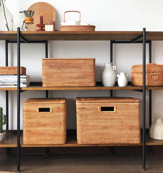 Kitchen Storage Baskets, Rectangular Storage Basket with Lid, Rattan Storage Baskets for Clothes, Storage Baskets for Living Room-artworkcanvas