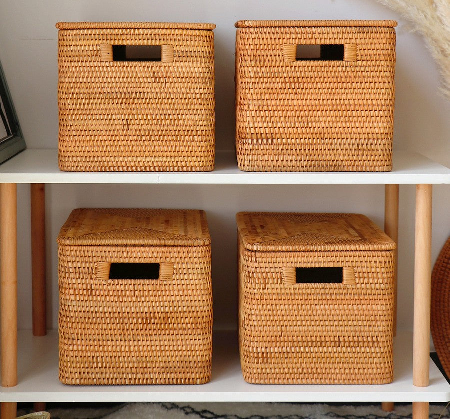 Rectangular Storage Basket with Lid, Rattan Storage Baskets for
