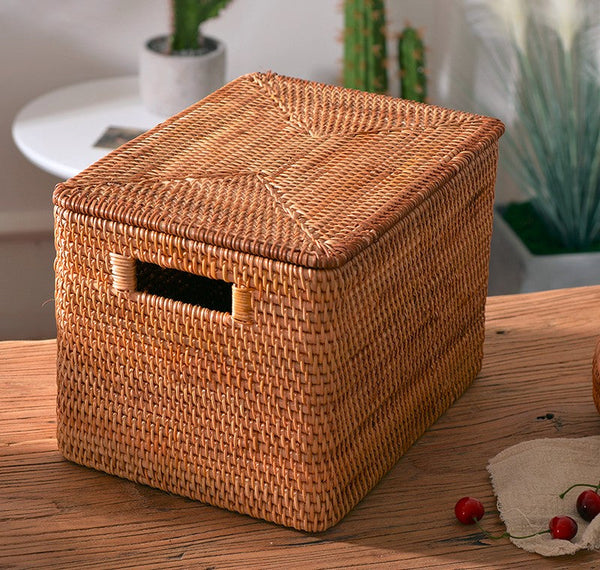 Wicker Rectangular Storage Basket with Lid, Extra Large Storage Baskets for Clothes, Kitchen Storage Baskets, Oversized Storage Baskets for Bedroom-artworkcanvas