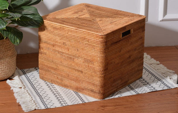 Wicker Rectangular Storage Basket with Lid, Extra Large Storage Baskets for Clothes, Kitchen Storage Baskets, Oversized Storage Baskets for Bedroom-artworkcanvas