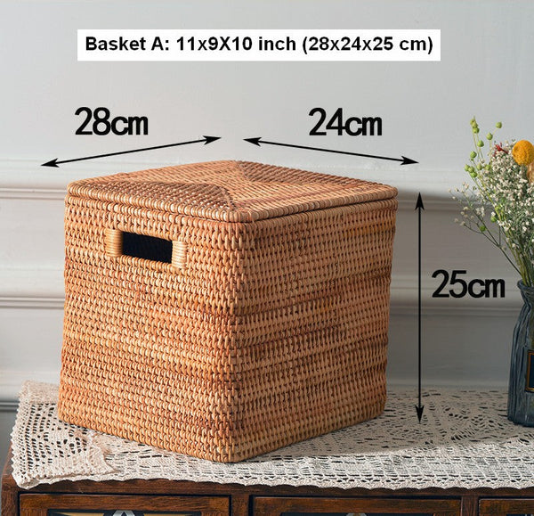 Rectangular Storage Basket with Lid, Rattan Storage Basket for Shelves, Extra Large Storage Baskets for Bedroom, Storage Baskets for Clothes-artworkcanvas