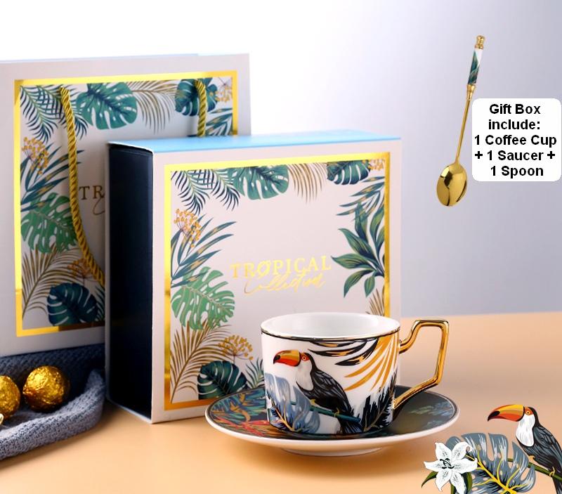 Elegant Tea Cups and Saucers, Jungle Toucan Pattern Porcelain Coffee Cups, Coffee Cups with Gold Trim and Gift Box-artworkcanvas
