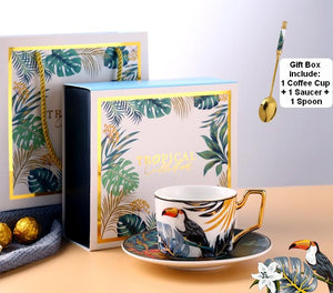 Elegant Tea Cups and Saucers, Jungle Toucan Pattern Porcelain Coffee Cups, Coffee Cups with Gold Trim and Gift Box-artworkcanvas