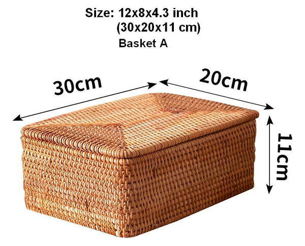 Storage Baskets with Lid, Rectangular Storage Baskets, Storage Baskets for Clothes, Pantry Storage Baskets, Rattan Woven Storage Basket for Bedroom-artworkcanvas