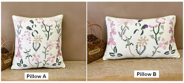 Embroider Flower Cotton Pillow Covers, Spring Flower Decorative Throw Pillows, Farmhouse Sofa Decorative Pillows, Flower Decorative Throw Pillows for Couch-artworkcanvas