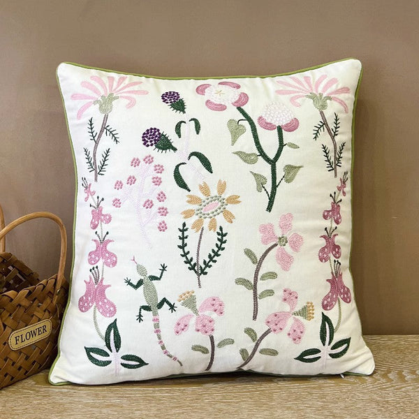 Embroider Flower Cotton Pillow Covers, Spring Flower Decorative Throw Pillows, Farmhouse Sofa Decorative Pillows, Flower Decorative Throw Pillows for Couch-artworkcanvas