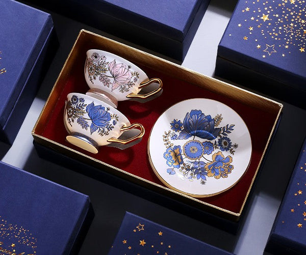 Unique Iris Flower Tea Cups and Saucers in Gift Box, Elegant Ceramic Coffee Cups, Afternoon British Tea Cups, Royal Bone China Porcelain Tea Cup Set-artworkcanvas