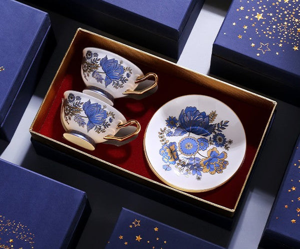 Elegant Ceramic Coffee Cups, Afternoon British Tea Cups, Unique Iris Flower Tea Cups and Saucers in Gift Box, Royal Bone China Porcelain Tea Cup Set-artworkcanvas