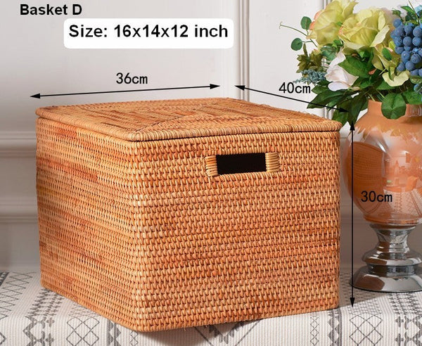 Wicker Rattan Storage Basket for Shelves, Storage Baskets for Bedroom, Rectangular Storage Basket with Lid, Pantry Storage Baskets-artworkcanvas