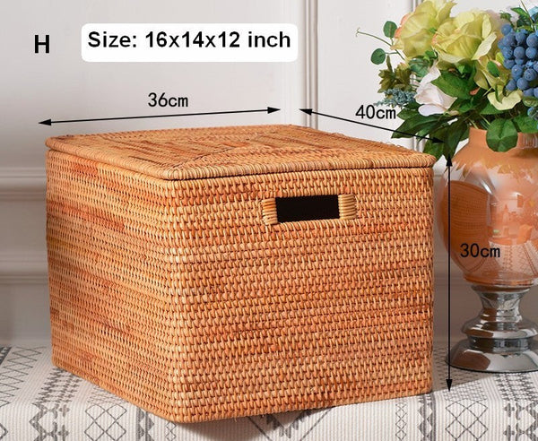 Rectangular Storage Basket with Lid, Kitchen Storage Baskets, Rattan Storage Baskets for Clothes, Storage Baskets for Living Room-artworkcanvas