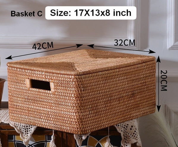 Rattan Rectangular Storage Basket with Lid, Extra Large Storage Baskets for Clothes, Storage Baskets for Bedroom, Woven Storage Baskets for Living Room-artworkcanvas