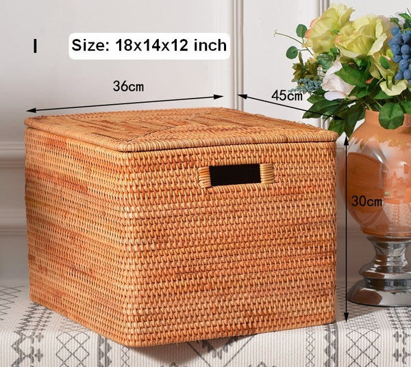 Extra Large Rattan Storage Baskets for Clothes, Rectangular Storage Basket with Lid, Kitchen Storage Baskets, Oversized Storage Baskets for Bedroom-artworkcanvas