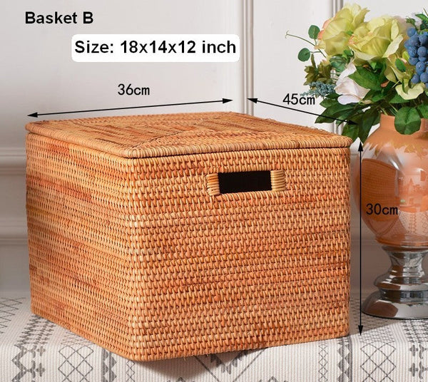 Oversized Storage Baskets for Bedroom, Rectangular Woven Storage Baskets for Clothes, Large Rectangular Storage Basket with Lid, Rattan Storage Case-artworkcanvas