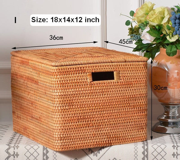 Rectangular Storage Basket with Lid, Rattan Storage Baskets for Clothes, Kitchen Storage Baskets, Oversized Storage Baskets for Living Room-artworkcanvas