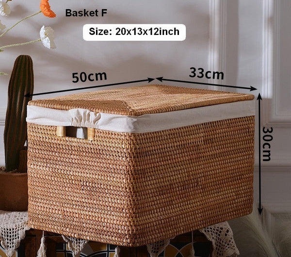 Rattan Storage Basket for Shelves, Rectangular Storage Basket with Lid, Extra Large Storage Baskets for Bedroom, Storage Baskets for Clothes-artworkcanvas