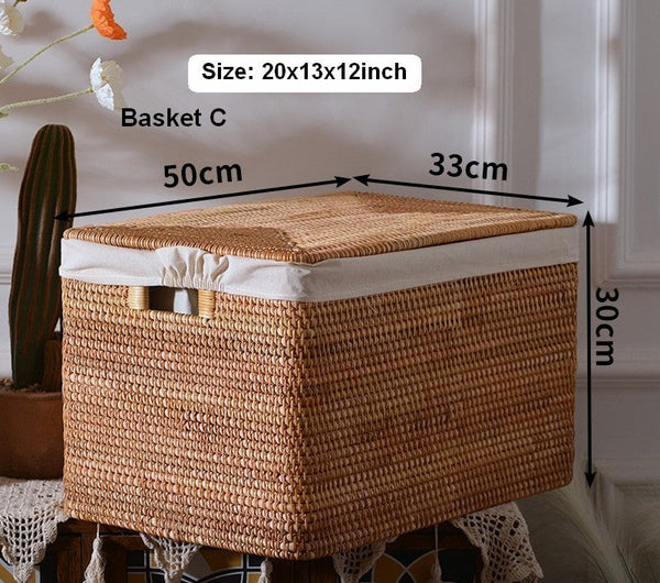 Oversized Storage Baskets for Bedroom, Rectangular Woven Storage Baskets for Clothes, Large Rectangular Storage Basket with Lid, Rattan Storage Case-artworkcanvas