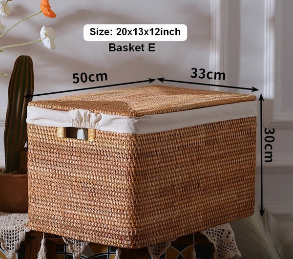 Rectangular Storage Basket with Lid, Rattan Basket, Storage Basket for Shelves, Storage Baskets for Bathroom, Bedroom Storage Baskets-artworkcanvas