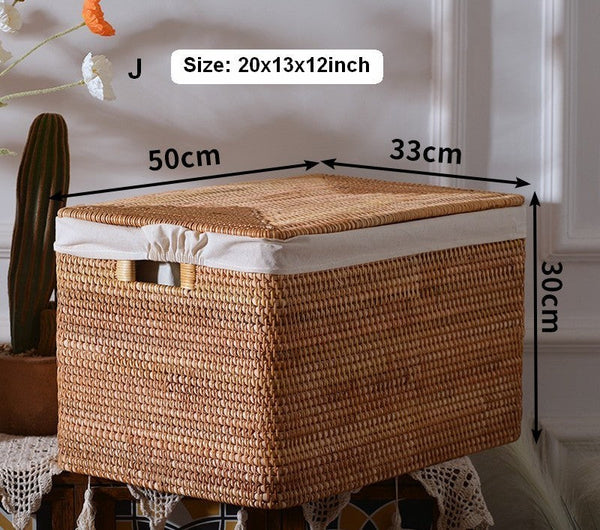 Extra Large Rattan Storage Baskets for Clothes, Rectangular Storage Basket with Lid, Kitchen Storage Baskets, Oversized Storage Baskets for Bedroom-artworkcanvas