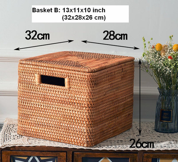 Rattan Storage Basket for Shelves, Rectangular Storage Basket with Lid, Extra Large Storage Baskets for Bedroom, Storage Baskets for Clothes-artworkcanvas