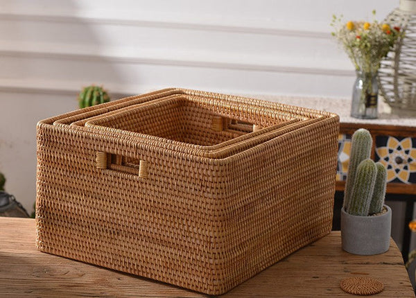 Woven Storage Baskets, Rectangular Storage Baskets, Rattan Storage Basket for Shelves, Kitchen Storage Baskets, Storage Baskets for Bathroom-artworkcanvas