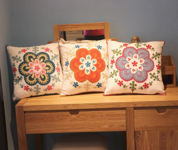 Flower Decorative Pillows for Couch, Sofa Decorative Pillows, Embroider Flower Cotton Pillow Covers, Farmhouse Decorative Throw Pillows-artworkcanvas