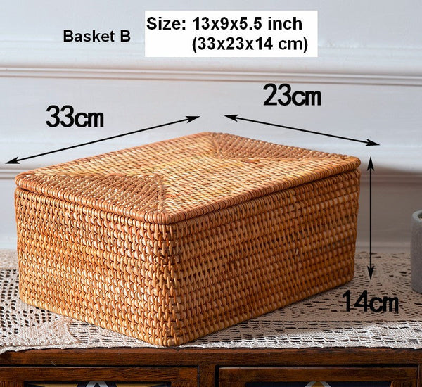 Storage Baskets with Lid, Rectangular Storage Baskets, Storage Baskets for Clothes, Pantry Storage Baskets, Rattan Woven Storage Basket for Bedroom-artworkcanvas