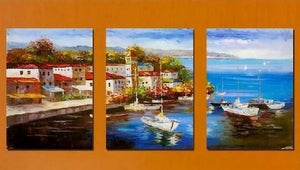 Mediterranean Sea, Boat Painting, Canvas Painting, Wall Art, Landscape Painting, Modern Art, 3 Piece Wall Art, Abstract Painting, Wall Hanging-artworkcanvas