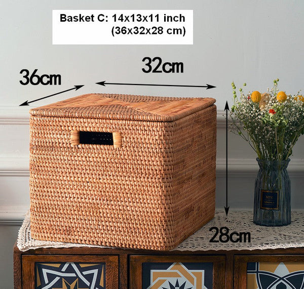 Wicker Rattan Storage Basket for Shelves, Storage Baskets for Bedroom, Rectangular Storage Basket with Lid, Pantry Storage Baskets-artworkcanvas