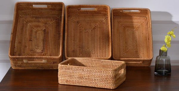 Large Woven Rattan Storage Basket, Rectangular Basket with Handle, Storage Baskets for Living Room-artworkcanvas