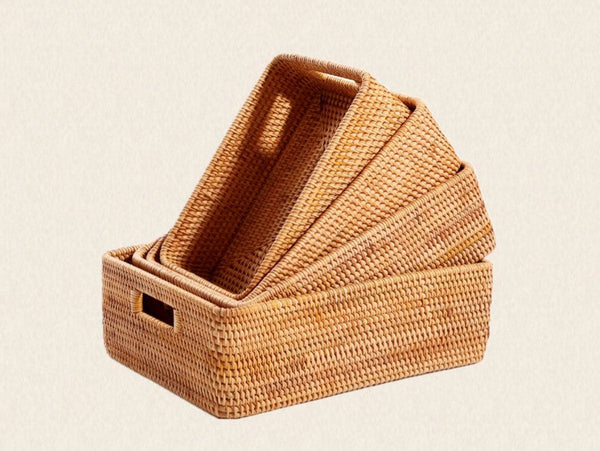 Large Woven Rattan Storage Basket, Rectangular Basket with Handle, Storage Baskets for Living Room-artworkcanvas