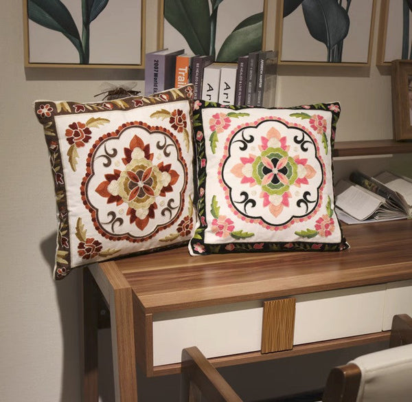 Sofa Decorative Pillows, Embroider Flower Cotton Pillow Covers, Cotton Flower Decorative Pillows, Farmhouse Decorative Throw Pillows for Couch-artworkcanvas