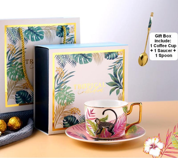 Elegant Porcelain Coffee Cups, Coffee Cups with Gold Trim and Gift Box, Tea Cups and Saucers, Jungle Animal Porcelain Coffee Cups-artworkcanvas
