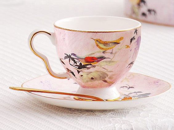 Unique Bird Flower Tea Cups and Saucers in Gift Box as Birthday Gift, Elegant Ceramic Coffee Cups, Afternoon British Tea Cups, Royal Bone China Porcelain Tea Cup Set-artworkcanvas