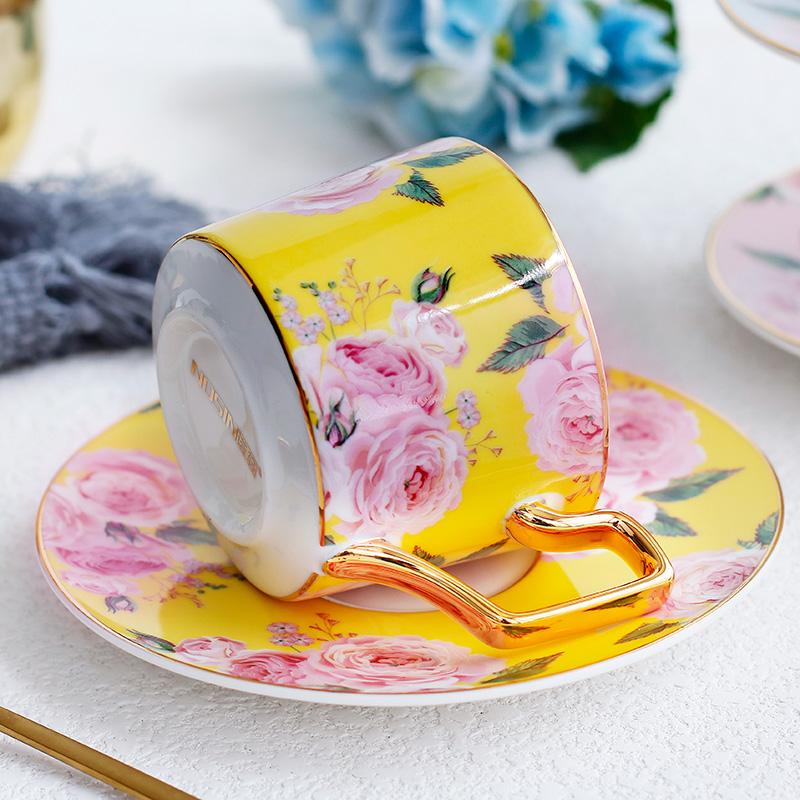Porcelain Coffee Cups, British Tea Cups, Yellow Coffee Cups with Gold Trim and Gift Box, Rose Flower Tea Cups and Saucers, Latte Coffee Cups-artworkcanvas