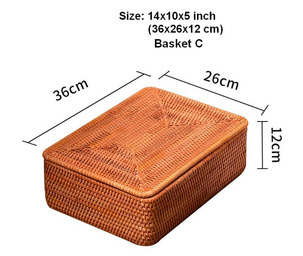 Woven Rattan Baskets, Rectangular Basket with Lid, Rectangular Storage Baskets, Storage Basket for Bedroom, Kitchen Storage Baskets-artworkcanvas